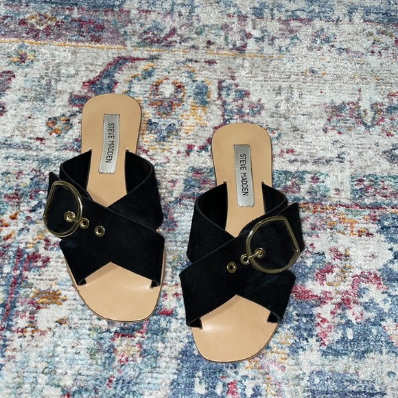 Black suede with gold bucket strap sandals - Picture 6 of 7